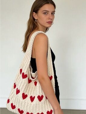 Heart Tote Cream Red Heart Crochet Knit Tote Purse Bag Boho Foldable Packable